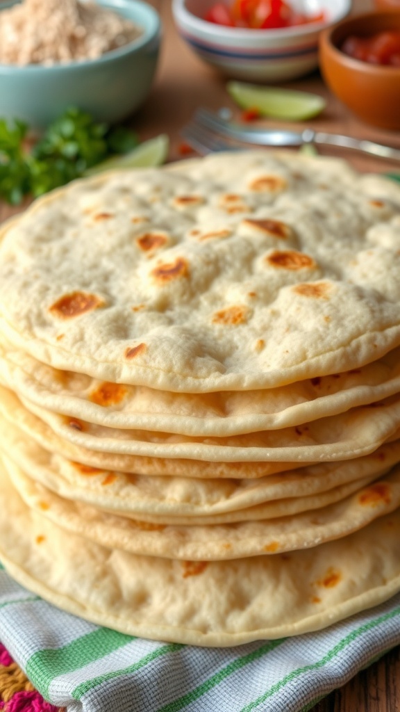 A stack of warm corn tortillas on a colorful cloth with salsa in the background.